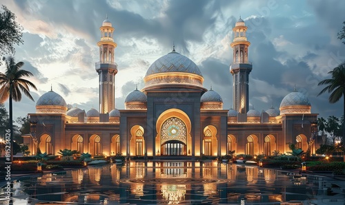 Concept art of a modern mosque with classic Islamic architecture, glowing minarets at dusk, front view