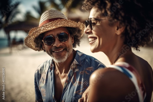  Happy Couple Enjoying Tropical Beach Vacation in Sunglasses and Sun Hats on a Sunny Day - Summer Travel and Relaxation Concept © Studium L&M