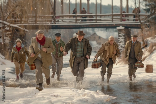 Group of senior friends walking in winter park and having fun together.