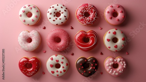 A delightful selection of 9 heart adorned donuts celebrating Valentine s Day set against a charming pink backdrop