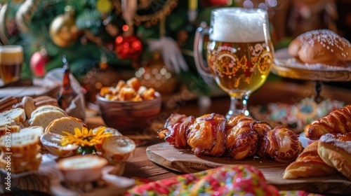 On the table you ll find a refreshing glass of beer paired with a delightful assortment of traditional Latvian bacon pastries known as piragi or piradzini surrounded by the vibrant decorati photo