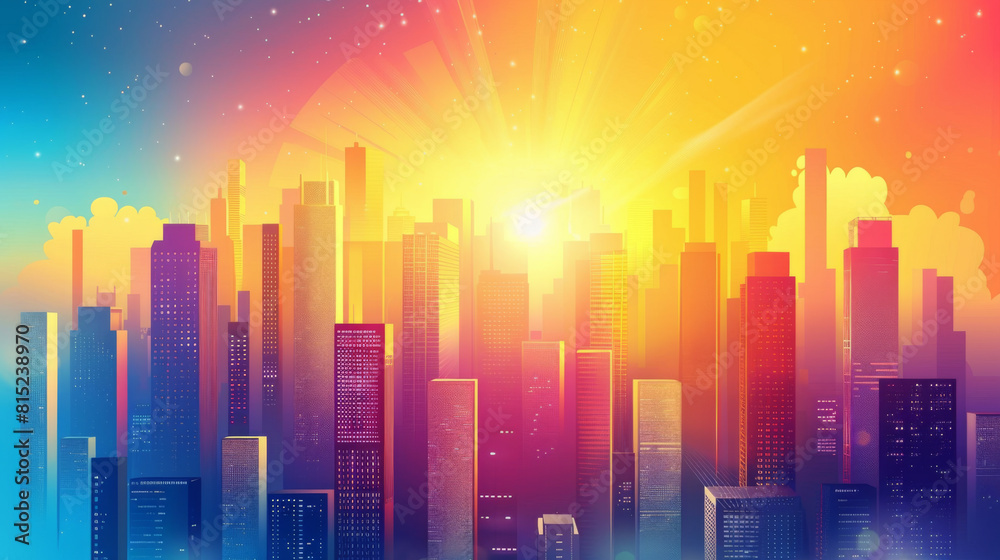 A vibrant illustration depicting a futuristic city skyline bathed in the warm glow of a colorful sunset. A vibrant illustration depicting a futuristic city skyline bathed in the warm glow of a colorful sunset.