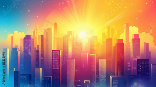 A vibrant illustration depicting a futuristic city skyline bathed in the warm glow of a colorful sunset.