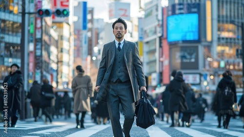 Full-body shot, Tokyo businessman, morning commute, crowded Shibuya crossing.  © Shweta