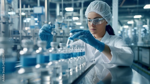 Scientist examining vials in a pharmaceutical factory