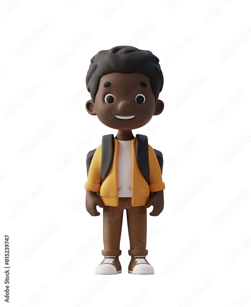 3D Render Cartoon Character of a Happy African Boy, Cute and Going to School in Chibi Illustration, Isolated on Transparent Background, PNG