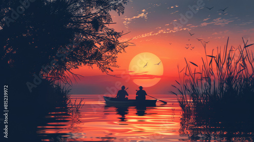 Two people fishing in a small boat at sunset  silhouetted against a vibrant orange sky and reflective water.