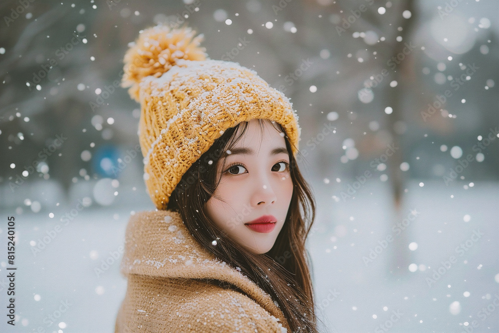 Beautiful young woman in the winter forest. Snowfall. Winter fashion. Beautiful young woman in the winter forest. Snowfall. Winter fashion.