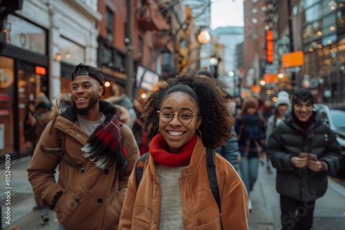 Cheerful young african american woman in eyeglasses smiling and looking away while walking in the city