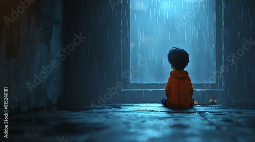 A boy sits alone in a dark room. The only light comes from the window, which is covered in rain. The boy is sad and lonely. He wishes he had someone to play with. photo