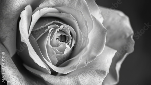 An intimate macro photograph capturing the details of a rose against a romantic Valentine s Day backdrop in classic black and white