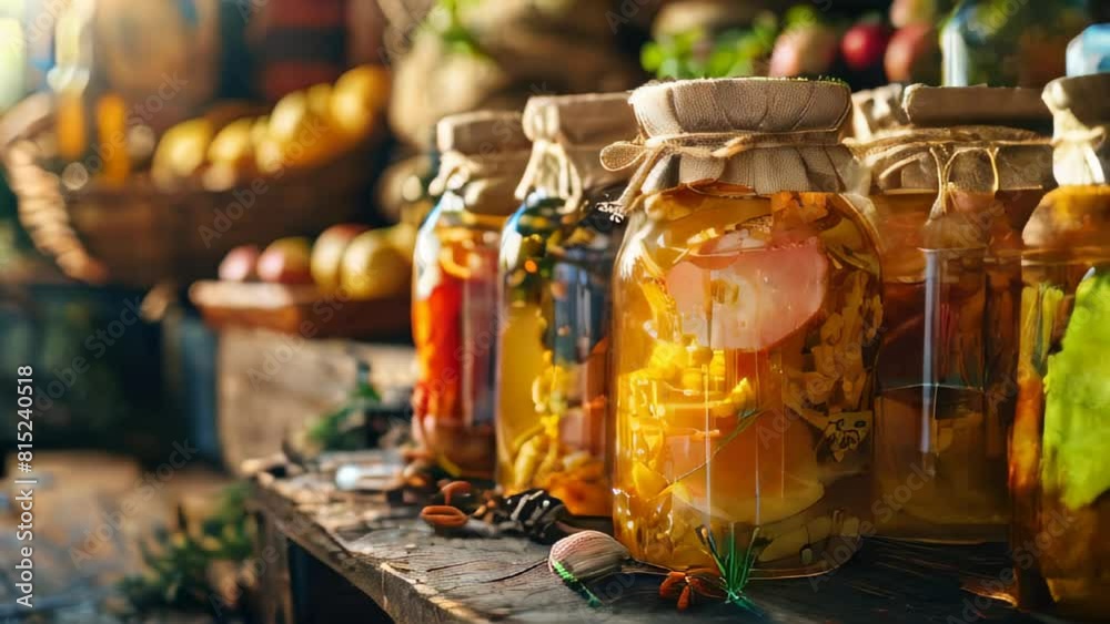 Assorted pickled vegetables in jars on rustic wooden table Assorted pickled vegetables in jars on rustic wooden table