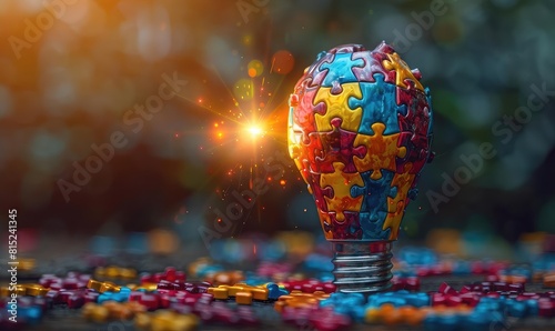 Conceptual image of a puzzle piece completing a light bulb shape, creativity connection, vibrant colors, topdown view