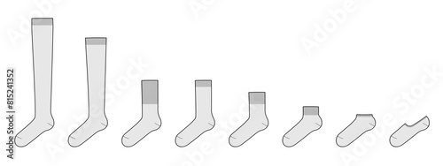 Set of socks length - low cut, high ankle, crew, mid calf, knee, over thigh. Fashion accessory clothing technical illustration stocking. Vector side view for Men, women, unisex style, flat template