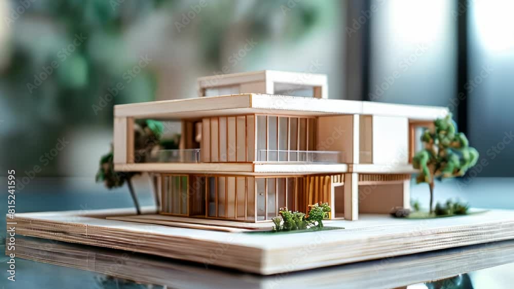 Detailed architectural model of modern house with balconies and surrounding greenery