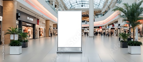  Blank advertising mockup for advertisement at the shopping mall or A mockup poster stands within a shopping Centre mall