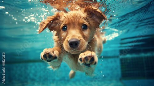 Dog Swimming Underwater in Pool