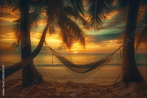 A hammock is hanging between two palm trees on a beach at sunset © Watercolorbackground