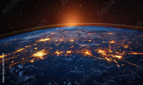 Conceptual network of glowing data streams across a digital globe, ample copy space in the upper half, night view
