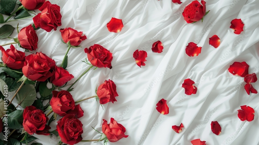 A romantic scene awaits on the pristine white bed as vibrant red roses and delicate petals scatter about setting the stage for a memorable Valentine s Day surprise during a honeymoon The to A romantic scene awaits on the pristine white bed as vibrant red roses and delicate petals scatter about setting the stage for a memorable Valentine s Day surprise during a honeymoon The to