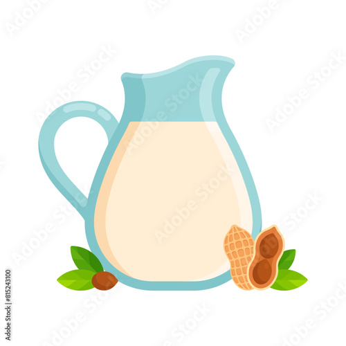 Jug of peanut milk. Flat icon isolated on white background. Dairy-free milk concept for vegan and lactose-intolerant consumers. Perfect for use in nutritional guides and plant-based product branding