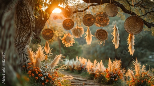 bohemian wedding decor  bohemian wedding vibe with dried pampas grass and woven baskets hanging from trees  perfect for a romantic forest elopement