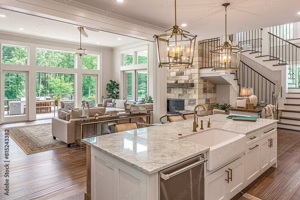Kitchen and living room interior in new luxury home with open concept ...