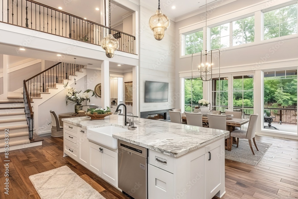 Kitchen and living room interior in new luxury home with open concept ...