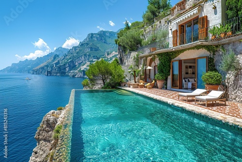 Luxurious villa nestled along the breathtaking Amalfi Coast of Italy, with panoramic views of the sparkling Mediterranean Sea and cliffside terraces
