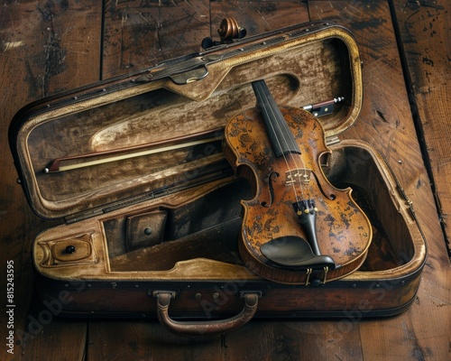 A forgotten, dusty violin with a broken string, resting in an open case. Golden ratio composition, photo