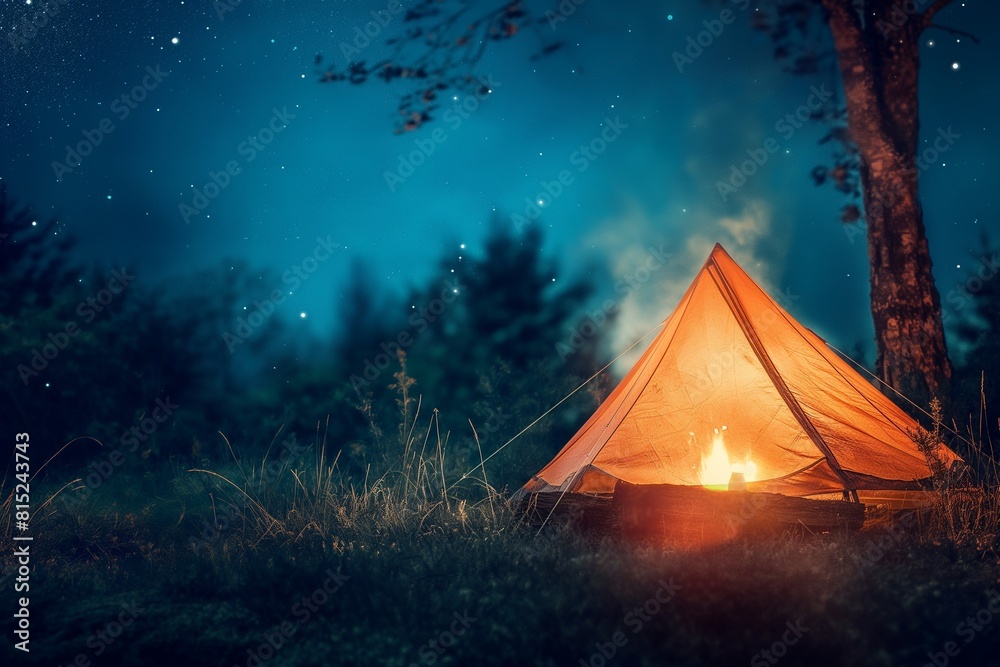 The illuminated tent stands in the middle of the night forest. The illuminated tent stands in the middle of the night forest.