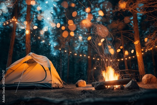 The illuminated tent is a cozy place to relax in the woods.