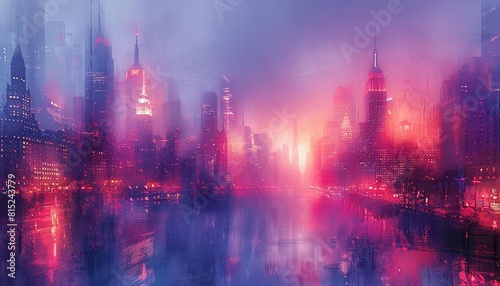 Digital art of a blurred pastel cityscape, merging realities, abstract form, twilight lighting
