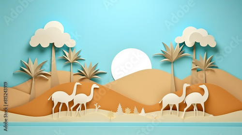 A paper drawing of a desert scene with a group of animals  including camels