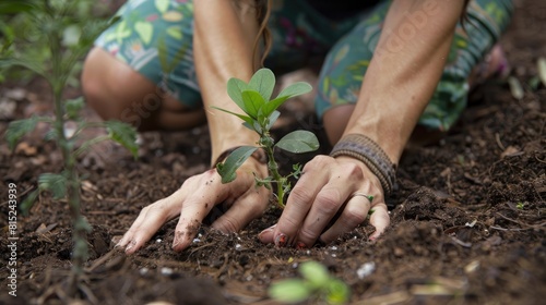 An image of a woman s hands delicately planting and nurturing a vibrant young plant embodies the essence of environmental stewardship resonating with the themes of Earth Day or World Environ