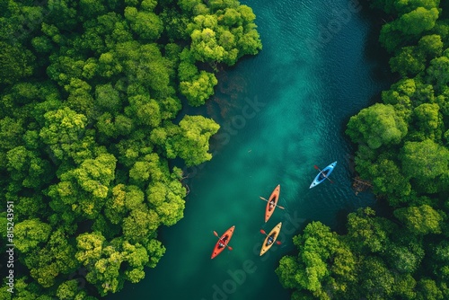 The photo shows four kayaks on a turquoise river in a lush green forest. photo