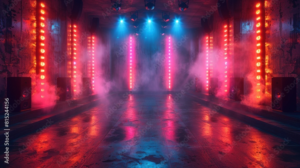 3D rendering room with sound Speakers and glowing neon lights 3D rendering room with sound Speakers and glowing neon lights