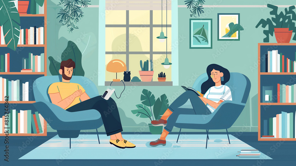 Man and Woman Sitting in Chairs in a Living Room Man and Woman Sitting in Chairs in a Living Room