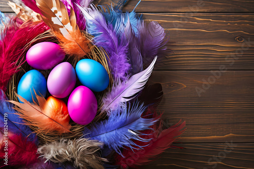 Colorful Eggs and Feathers in Birds Nest