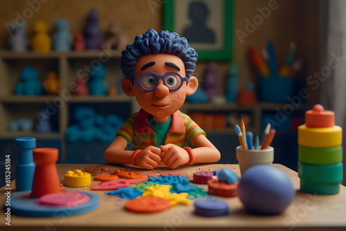 A colorful claymation character sitting on a boy's art table surrounded by sculpting , Highly Illustration, 8k Ultra HD, Hyper Resolution image 