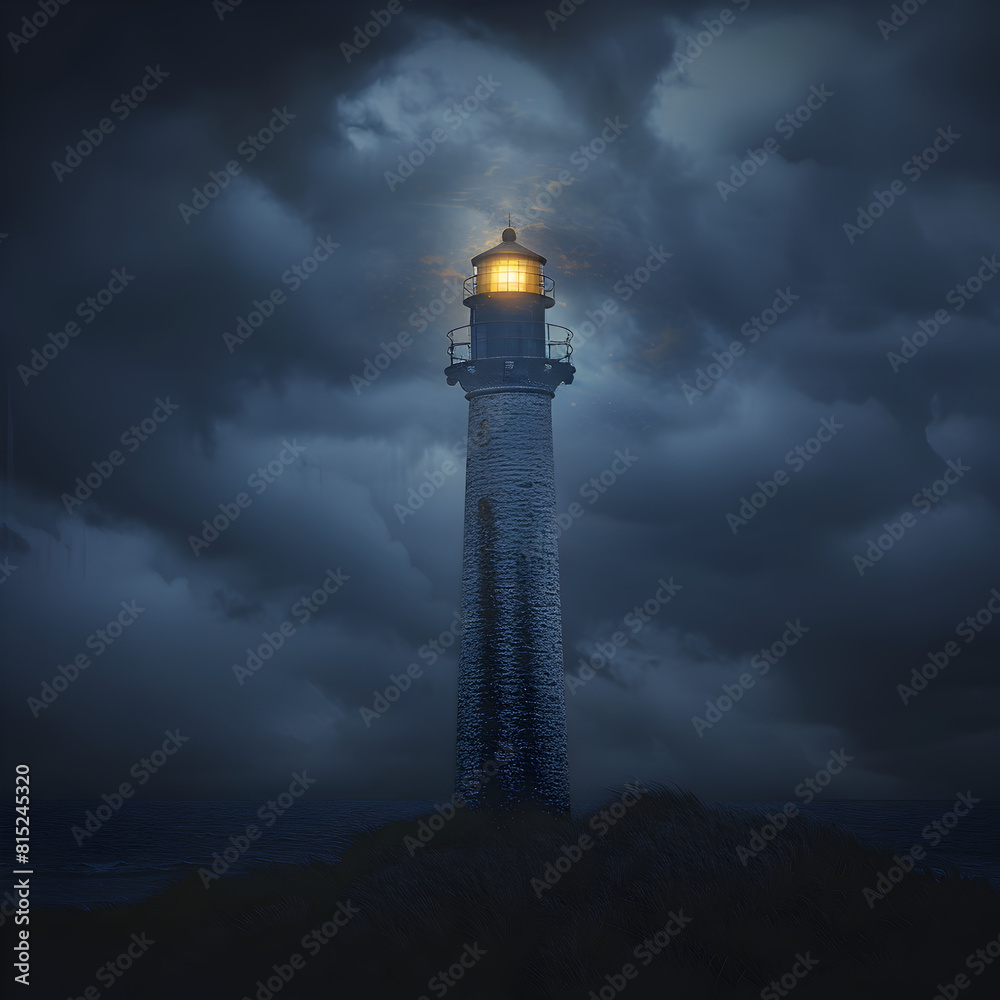 A lighthouse is lit up in the dark, stormy night. The light is the only source of illumination in the scene, and it casts a warm glow on the surrounding area