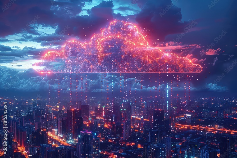Digital cloud filled with binary code, floating over a cityscape, clear copy space around, dusk lighting