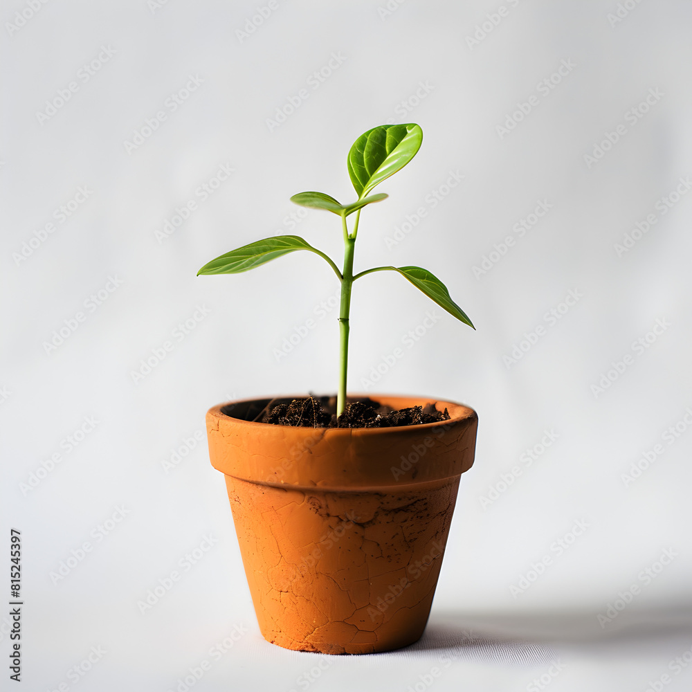 A small plant is in a pot. The plant is growing and has a stem A small plant is in a pot. The plant is growing and has a stem