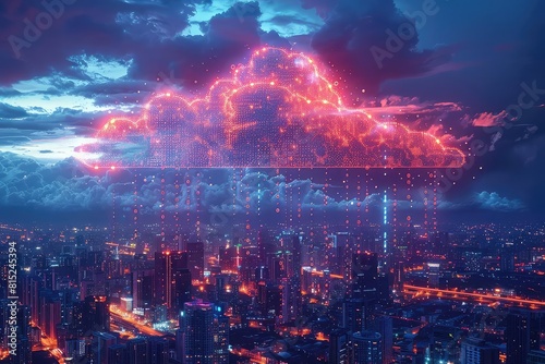 Digital cloud filled with binary code  floating over a cityscape  clear copy space around  dusk lighting