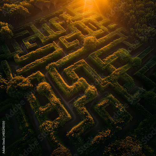 A maze with a sun shining on it. The maze is surrounded by trees and bushes. The sun is shining brightly on the maze, making it look like a fun and exciting adventure