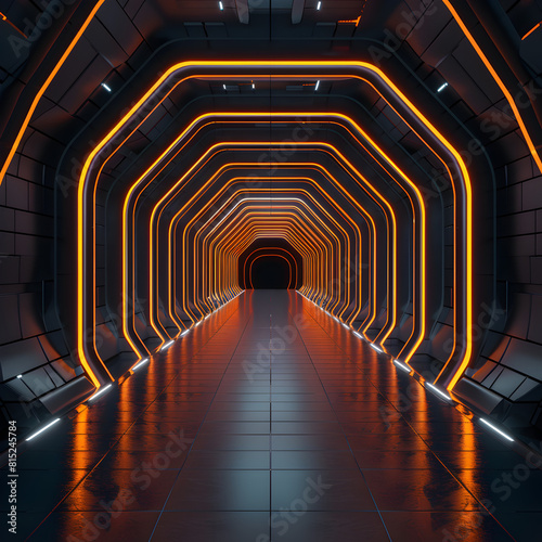 A long tunnel with orange lights on the walls
