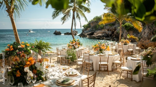 tropical beach wedding decor, tropical beach wedding reception with elegant palm leaves and orchid centerpieces infusing romance and beauty into the decor