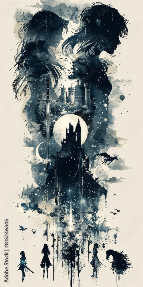 Obraz premium A black and white illustration of a woman and a man in front of a castle. Monochromatic ink illustration with fantasy world and characters, design for a book cover or a poster