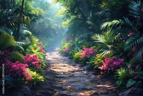 Digital illustration of a deep jungle pathway  mysterious and lush  vibrant colors  midday light