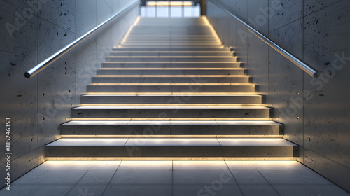 A staircase with a lighted railing. The lighting is on the steps and the railing